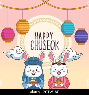 joyeux chuseok célébration avec couple de lapins et lanternes suspendu vecteur conception de l'illustration Illustration de Vecteur