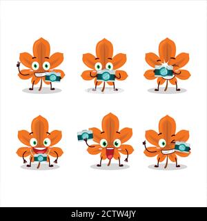 Émoticône de profession de photographe avec des feuilles séchées orange personnage de dessin animé Illustration de Vecteur