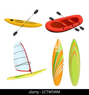 Bateau de sport rafting rouge jaune kayak orange vert surf planche à voile vecteur d'illustration isolé Illustration de Vecteur