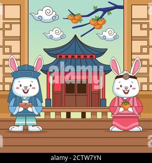 bonne célébration chuseok avec dessin d'illustration de vecteur de bâtiment chinois Illustration de Vecteur