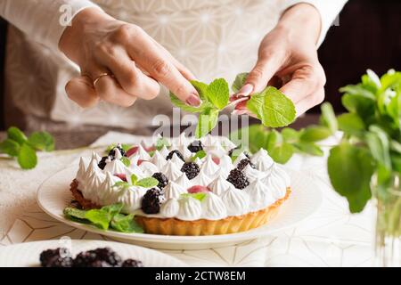 Belle tarte aux baies fraîchement faite sur l'assiette. Superbe composition de vie de tarte à la meringue BlackBerry. Photo de nourriture. Processus de démarrage. Clos Banque D'Images