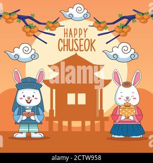 bonne célébration chuseok avec silhouette de bâtiment chinois et couple de lapins illustration vectorielle Illustration de Vecteur