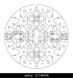 Mandala de Noël. Page de coloriage de Noël. Mandala des étoiles et des pièces de puzzle style effet. Noir et blanc. Illustration vectorielle. Illustration de Vecteur