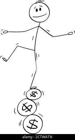 Dessin vectoriel de bâton de dessin illustration conceptuelle de l'homme ou de l'homme d'affaires équilibrant sur trois dollar signe ou pièces de symbole, concept de budget financier, dépenses, profit et revenu. Illustration de Vecteur