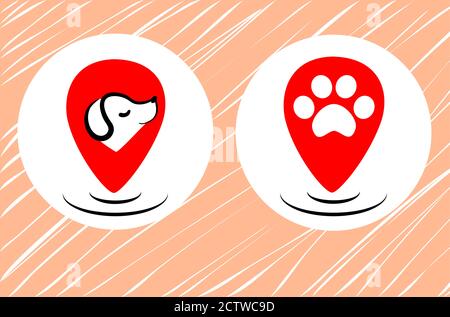 Logo GPS pour animaux de compagnie. Vecteur de marqueur de carte de chien. La marche des animaux prend soin de la position de l'emplacement. Panneau de navigation pour l'application Web pour animaux de compagnie. Mignon chiot heureux. Illustration de Vecteur