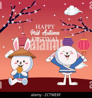 carte de célébration de mi-automne avec couple de lapins mangeant cookie vecteur conception de l'illustration Illustration de Vecteur