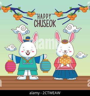 bonne célébration chuseok avec couple de lapins et vecteur de branches d'arbre conception de l'illustration Illustration de Vecteur