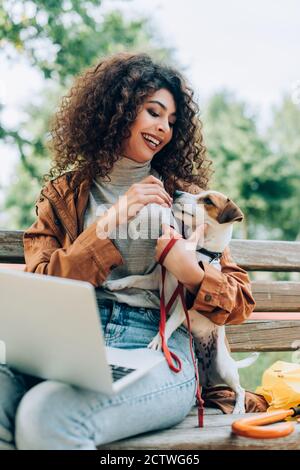 indépendant élégant assis sur un banc avec ordinateur portable et prise d'alimentation chien terrier russell Banque D'Images