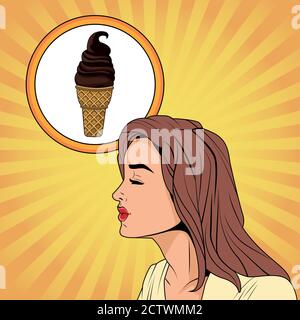 profil de femme en colère pensant à l'art pop de cône de glace illustration vectorielle de style Illustration de Vecteur