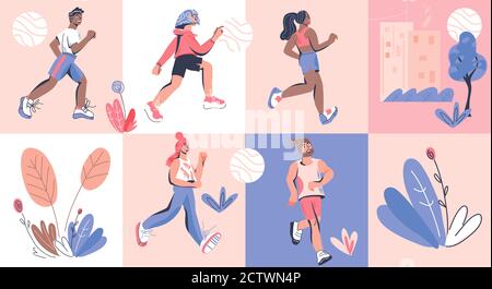Les personnages de dessin animé des coureurs de marathon ou de sprint. Mode de vie sain, vecteur. Illustration de Vecteur
