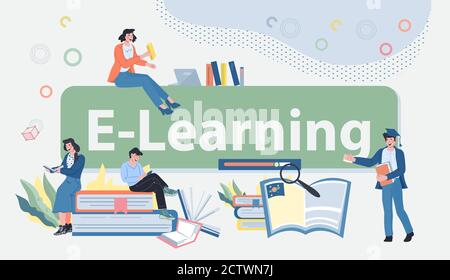 E-learning et la bannière de l'éducation à distance avec minuscule illustration de vecteur de personnes. Illustration de Vecteur