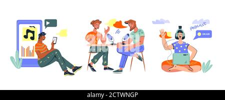 Podcast et blogging sujet personnes dirigeant la diffusion en direct ou obtenir l'entrevue. Illustration de Vecteur