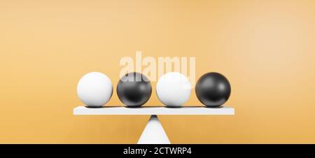 Trouver le concept d'équilibre, d'égalité, de stabilité avec balance, échelle, boules ou globes dans un intérieur réaliste de studio, fond d'écran d'illustration de rendu 3d Banque D'Images