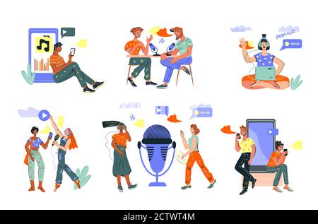 Les médias sociaux blogging et streaming en ligne ensemble de personnages de personnes. Illustration de Vecteur