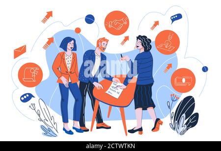 Réunion d'affaires avec des personnages de personnes signant des documents de contrat. Illustration de Vecteur