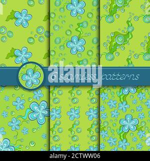 Ensemble vectoriel de motifs sans couture avec éléments floraux. Collection de motifs en vert et bleu clair. Illustration de Vecteur