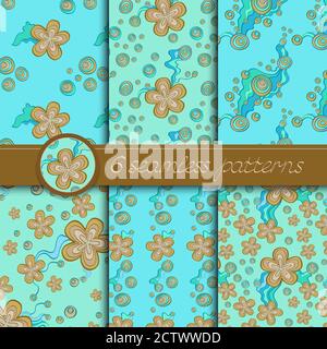 Ensemble vectoriel de motifs sans couture avec éléments floraux. Collection de motifs de couleur vert clair et marron. Illustration de Vecteur