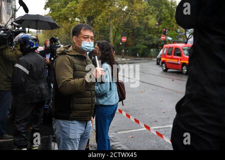 Une attaque poignante près des anciens locaux de Charlie Hebdo, à Paris, en France, le 25 septembre 2020. Plusieurs personnes ont été attaquées avec une machette près des anciens locaux du journal satirique, le théâtre d'une attaque en janvier 2015, dans le 11ème arrondissement de Paris. (Photo de Lionel Urman/Sipa USA) Banque D'Images