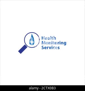 Modèle de conception du logo des services de surveillance de la santé. Loupe et gouttelettes de liquide avec icône en croix isolée sur fond blanc. Illustration de Vecteur