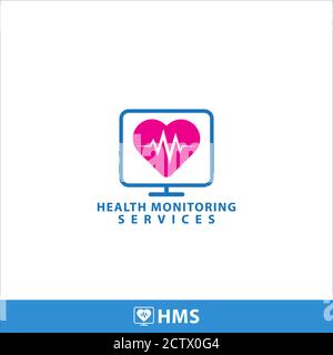 Modèle de conception du logo des services de surveillance de la santé. Affichage du moniteur et de la forme du cœur avec illustration du vecteur d'impulsion. Bleu vif et rose magenta Illustration de Vecteur