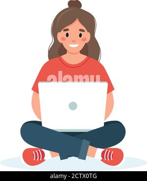 Femme avec un ordinateur portable de travail, étudiant ou indépendant concept Illustration de Vecteur