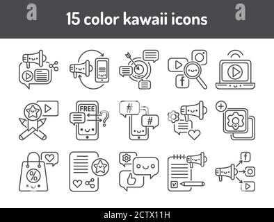 Ensemble d'icônes noires de la ligne de promotion SMM. Affiche une page Web, une application mobile, un bouton, un logo. Elément vectoriel isolé. Contour modifiable Illustration de Vecteur