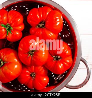 Une récolte de tomates fraîches rouges prêtes pour la consommation est prête sur une table en bois Banque D'Images
