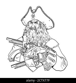 Pirate avec pistolets. Dessin avec le capitaine Blackbeard. Page de coloriage. Banque D'Images