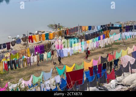 Inde, Uttar Pradesh, Lucknow, la lessive mourante sur les rives de la rivière Gomti Banque D'Images