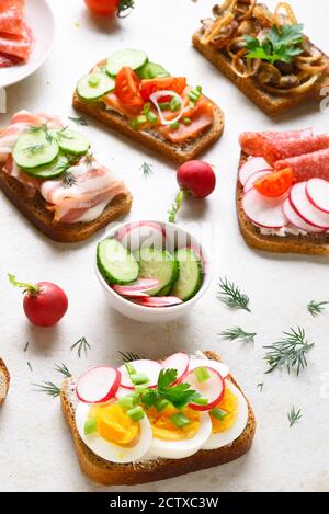 Sandwichs ouverts à base de viande, de légumes et de fruits de mer sur fond de pierre légère. Banque D'Images