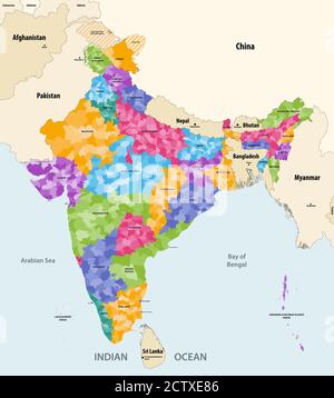 Carte de l'Inde avec les pays et territoires voisins.Carte indienne colorée par les États et montrant les frontières des districts à l'intérieur de chaque état.Vecteur Illustration de Vecteur