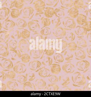 Fleurs roses abstrait or métal sans coutures. Décoration florale jaune doré brillant de luxe dessinée à la main sur fond rose. Texture de mariage. PRI Banque D'Images