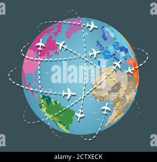 Planète Terre vectorielle avec le chemin en pointillés des avions volants. Illustration de Vecteur