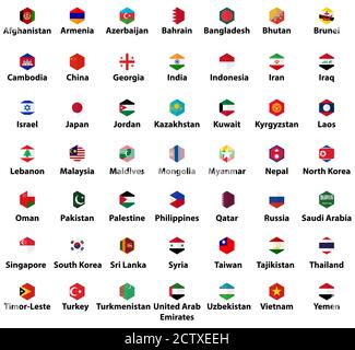 Asie tous les drapeaux des pays. Jeu d'icônes plates isolées hexagonales Illustration de Vecteur