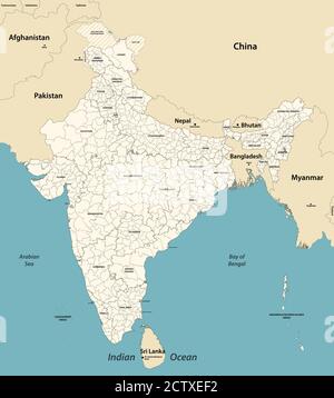 Carte vectorielle des divisions administratives de l'Inde avec les pays voisins Illustration de Vecteur