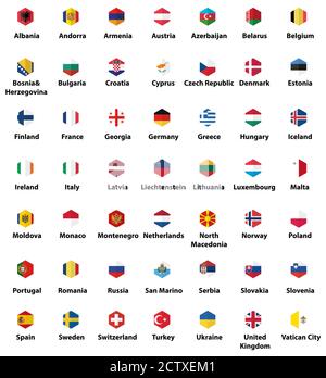 Europe tous les drapeaux des pays. Jeu d'icônes plates isolées hexagonales Illustration de Vecteur
