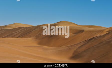 De grandes dunes de sable de couleur dorée avec un motif causé par le vent soufflant les grains de sable près de Swakopmund, désert du Namib, Namibie, Afrique. Banque D'Images