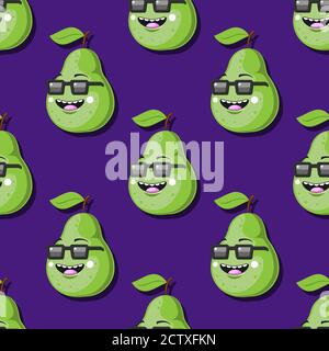 personnage de dessin animé à motif poire vert sans couture avec des lunettes souriantes sur fond violet. Image vectorielle Illustration de Vecteur