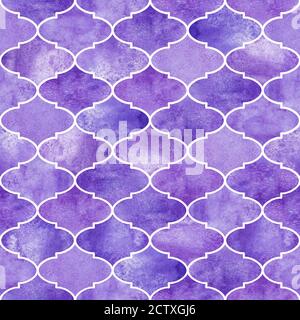 Motif marocain sans couture vintage décoratif. Motif de vitraux violets dessinés à la main aquarelle. Éléments géométriques orientaux aquarelle. PRI Banque D'Images