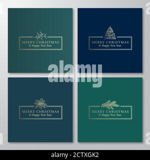 Collection de cartes de Noël à motif abstrait et cadres rectangulaires ou bannières avec typographie moderne. Fond vert Premium et esquisses de message d'accueil doré mises en page Illustration de Vecteur
