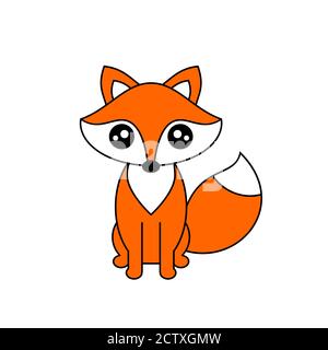 Mignon dessin animé renard assis. Style kawaii sauvage ou animal de zoo. Renard roux à l'air timide. Drôle de caractère animal avec les grands yeux et la grande queue. Isolé sur blanc Illustration de Vecteur