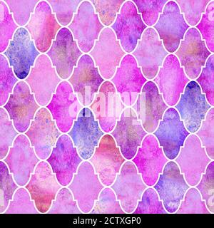 Motif marocain sans couture vintage décoratif. Aquarelle dessiné à la main rose magenta texture sans fin arrière-plan. Éléments géométriques orientaux aquarelle Banque D'Images