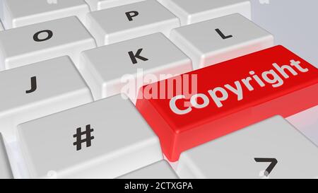 Copyright écrit sur une touche rouge d'un clavier d'ordinateur - illustration du rendu 3D Banque D'Images