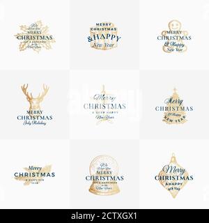 Lot de logos ou de modèles d'étiquettes de Noël élégants. Cerf tiré à la main, pain d'épice cookie, PIN, boîtes cadeaux, Holly et Mistletoe Sketch Symbols Collection Illustration de Vecteur