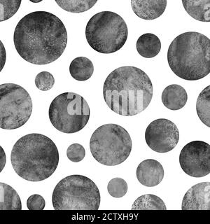 Motif sans couture avec effet grunge sur les planètes en cercle noir et blanc. Résumé gris géométrique forme ronde sphère disque texture sur fond blanc. Banque D'Images