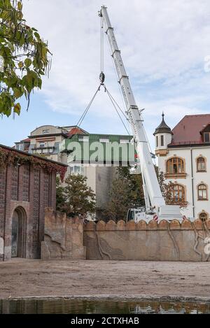 Leipzig, Allemagne. 25 septembre 2020. L'un des conteneurs pour le déplacement des cinq éléphants d'Asie du zoo de Berlin flotte derrière l'enclos à éléphants de Leipzig. Les Berlinois sont en train de convertir l'ancienne maison pachyderme et veulent construire les installations les plus modernes d'Europe pour les éléphants d'Afrique. À cette fin, les éléphants d'Asie ont été distribués à d'autres zoos. Quatre éléphants d'Asie vivent déjà dans le temple de l'éléphant de Leipzig Ganesha Mandir et doivent maintenant former un nouveau troupeau avec les Berliners. Credit: Jan Woitas/dpa-Zentralbild/dpa/Alay Live News Banque D'Images