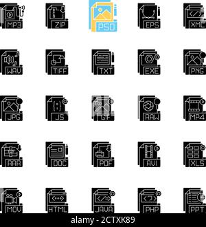 Extensions de fichier icônes de glyphe noir définies sur un espace blanc Illustration de Vecteur