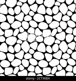 Motif sans couture de pierre blanche forme des éléments isolés sur fond noir. Illustration de texture d'art de roches abstraites dessinées à la main en noir et blanc Banque D'Images