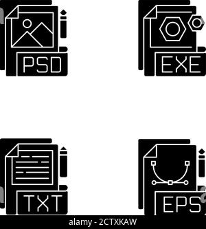 Types de fichiers icônes de glyphe noir définies sur un espace blanc Illustration de Vecteur