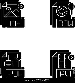 Types de fichiers icônes de glyphe noir définies sur un espace blanc Illustration de Vecteur